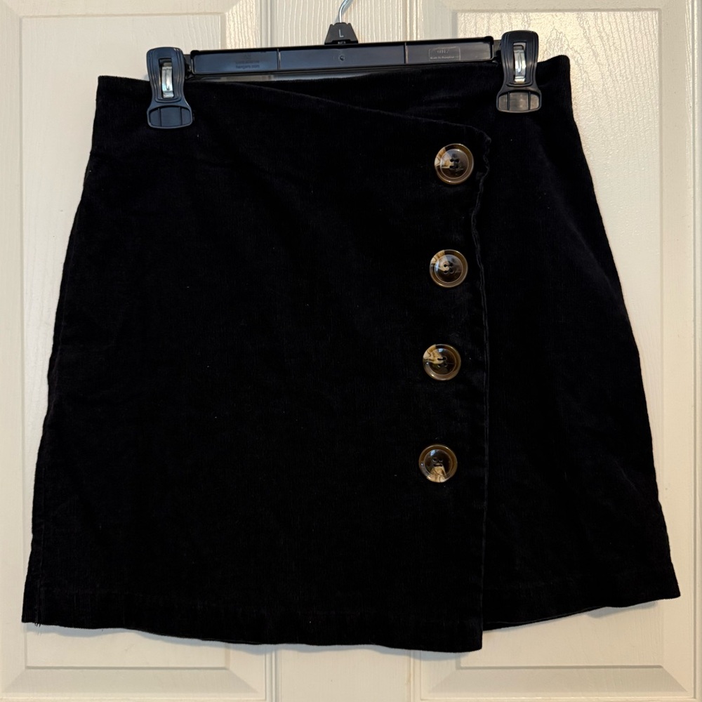 Black Corduroy Button Front Asymmetrical Skirt